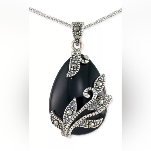 Jewelry - black onyx teardrop sterling silver & marcasite accents pendant necklace